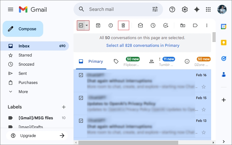 delete all gmail emails at once