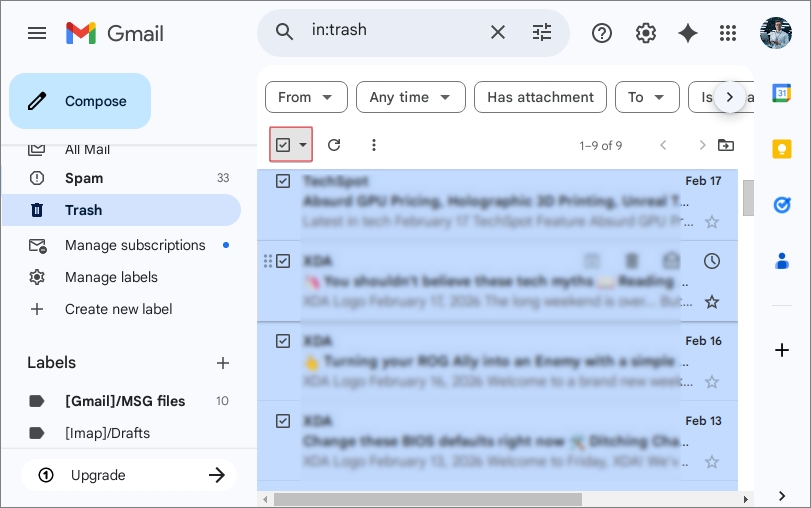 empty gmail email trash