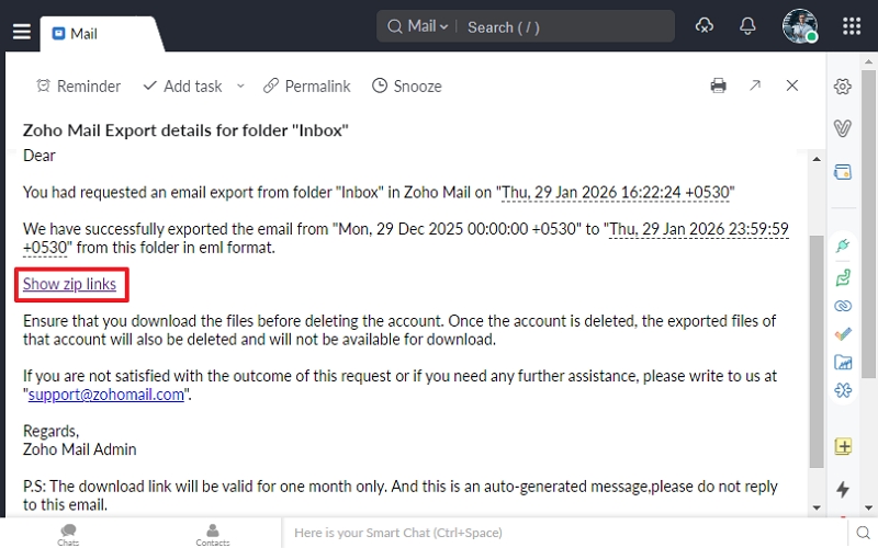 show zip links in zoho mail