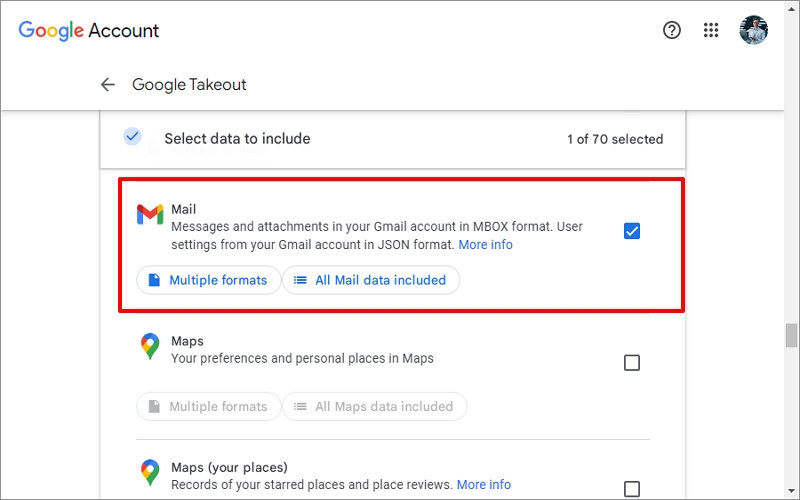 select mail google takeout