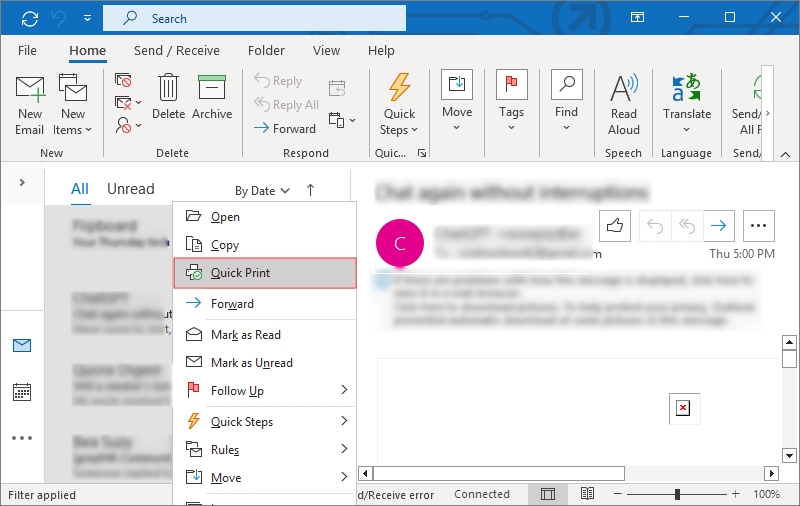 quick  print in outlook